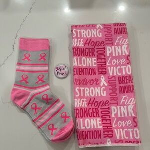 NWOT Bundle of women’s cancer awareness, pink ribbon socks, pin kitchen towel